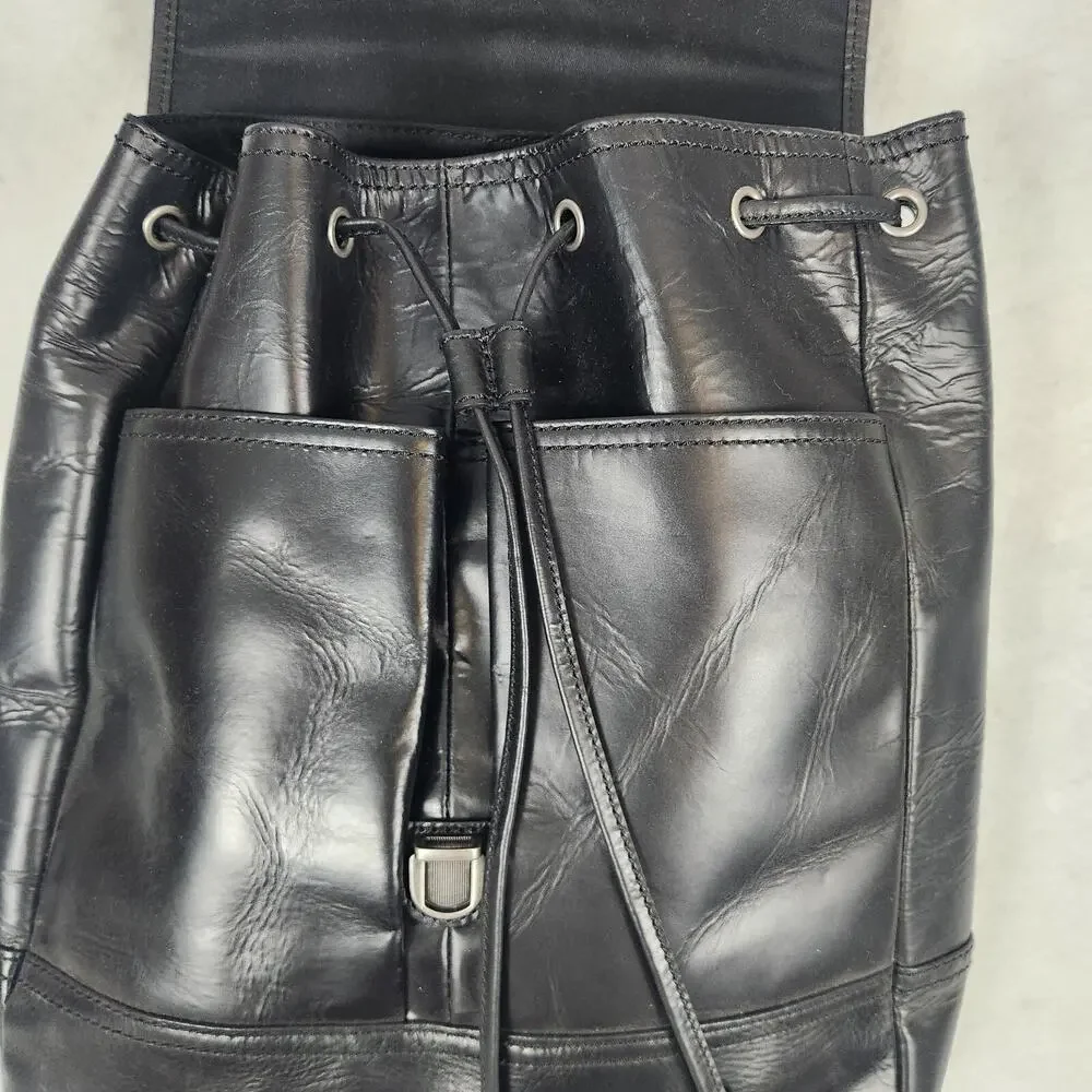 NWT Fossil Rucksack Black Emerson Leather Woven Canvas Straps Tassel Drawstring
